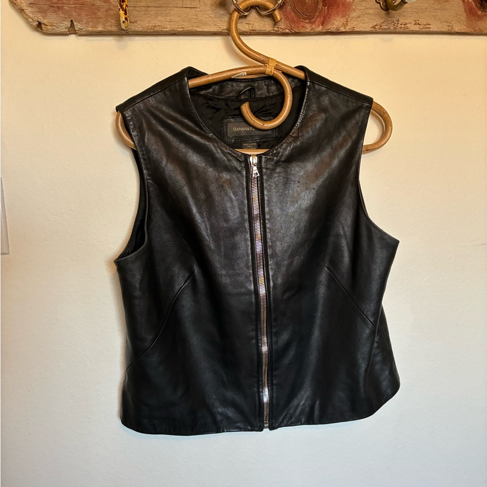 Banana Republic Black Leather Full Zip Vest Women's Size Large